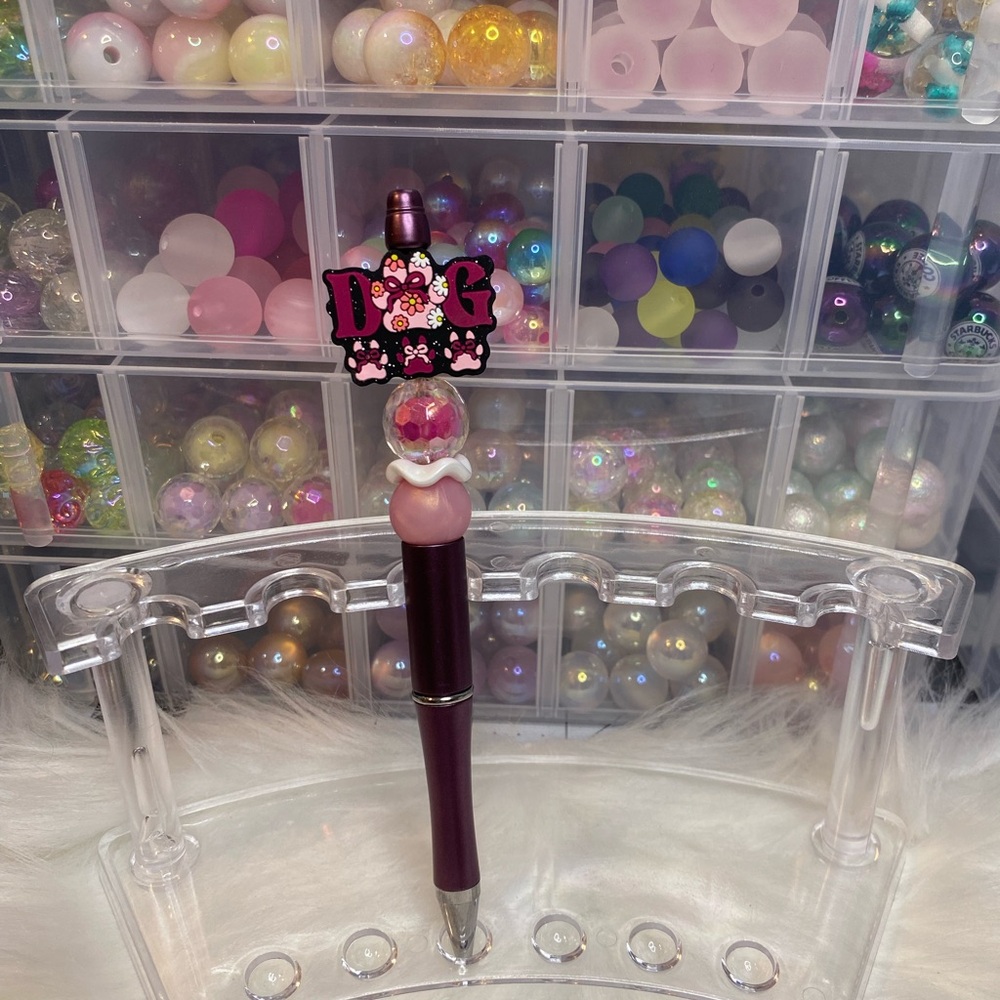 Pink and Purple Beaded Pen with Dog Charm